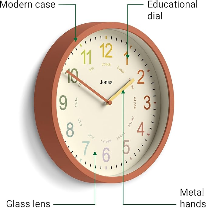 JONES CLOCKS® Kids Wall Clock | Small Modern Children’s Clock | 10 inch | Terracotta Orange | Colourful Numbers | Learn to Tell The time