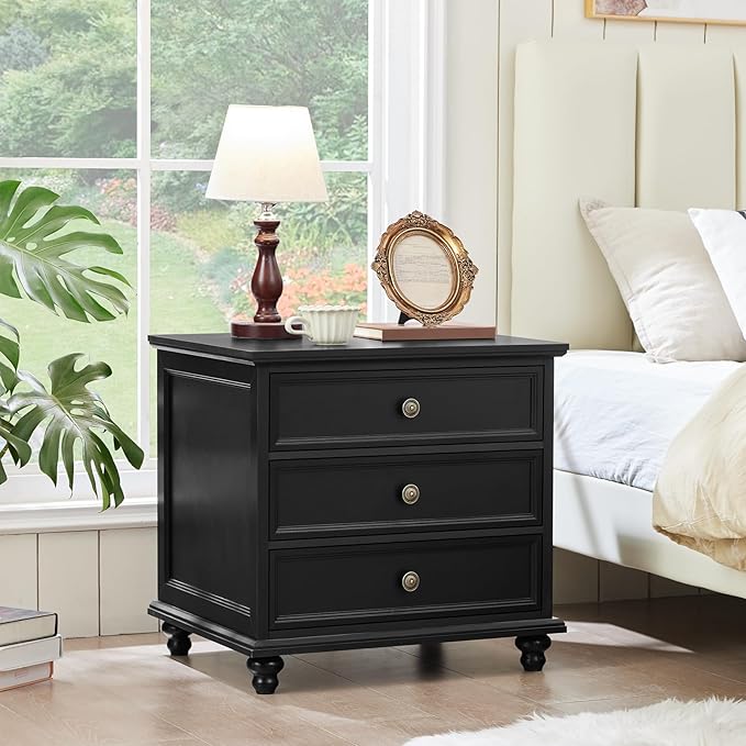 24" Wide Farmhouse Night Stand Set of 2,Large End Table with 3 Drawers & Metal Handle,Black Wood Dresser for Bedroom,Bed Side Table Chest of Drawers Cabinet,Nightstand for Living Room,Closet