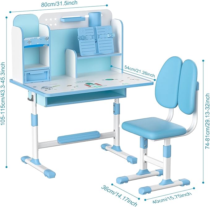 Kids Desk and Chair Set, Height Adjustable Kids Study Table and Chair Set, Children School Desk with Storage Drawer and Book Stand, Ergonomic Child Toddler Deskwith Sitting Posture Corrector (Blue 5)