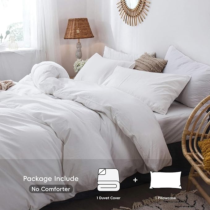 MooMee Bedding Duvet Cover Set 100% Washed Cotton Linen Like Textured Breathable Durable Soft Comfy (Solid Off White, Twin 68"x90")