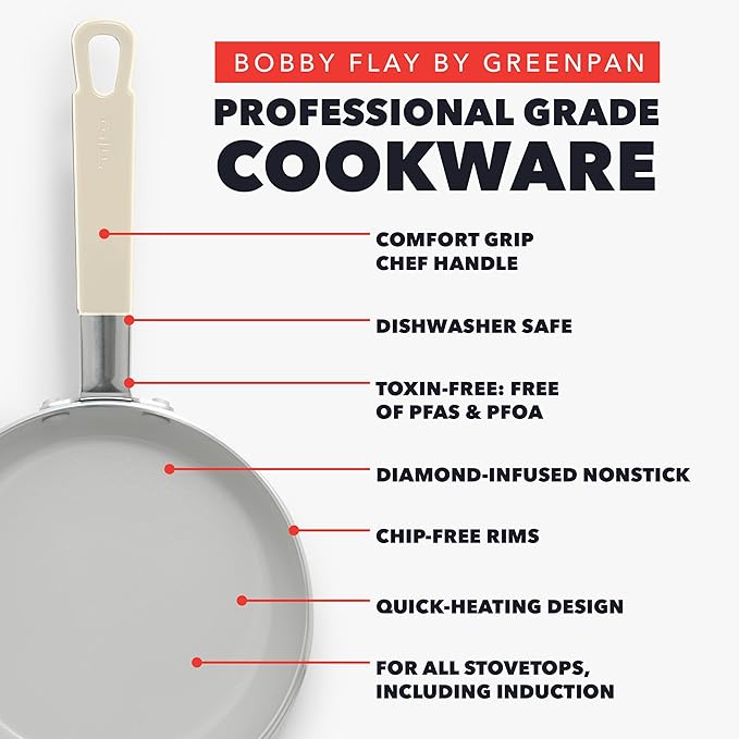 GreenPan x Bobby Flay 8" Nonstick Frying Pan Skillet, PFAS-Free Diamond Ceramic, Induction Suitable, Stay-Cool Silicone Handle, Easy Clean Dishwasher & Oven Safe, Egg & Omelet Pan, Cream