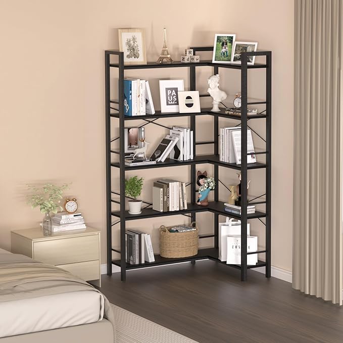 5-Shelf Corner Bookshelf, Large Open Shelf Bookcase,Black Metal Frame, L-Shaped Storage Rack with Cross Braces for Living Room Home Office