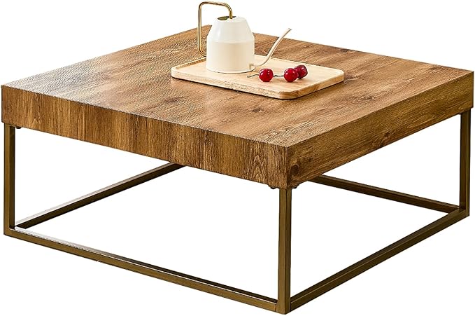 31.5'' Modern Square Coffee Table for Living Room, Metal Legs Large Coffee Table, Wooden Tea Table Top for Dining Room Office Small Space
