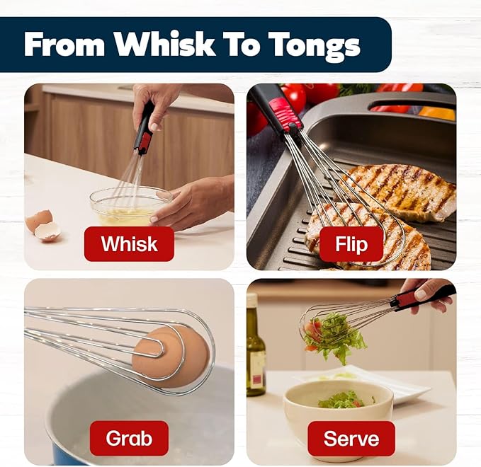 Flat Whisk and Tongs for Cooking – Multipurpose Kitchen Tool for Beating Eggs, Salad Tongs, BBQ, Whisks for Cooking, Easy Whisk, Hand Whisk (Black)