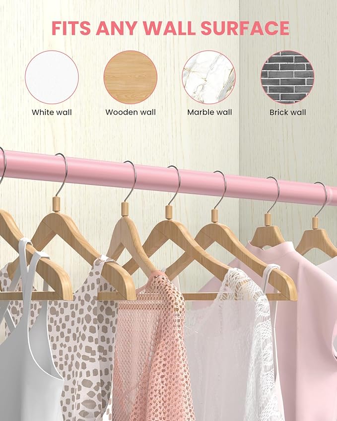 Closet Rods for Hanging Clothes, 17 to 54 Inches Stepless Adjustable Metal Closet Rod, 1.3 Inches Heavy Duty Clothes Hanging Rod for Closet Wardrobes Laundry RV, Pink