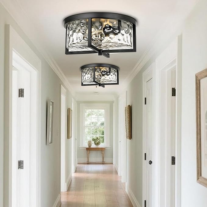 Modern Flush Mount Ceiling Light, 13" D 2-Light Industrial Close to Ceiling Lights, Hammered Glass Ceiling Light,Flush Ceiling Light for Hallway, Kitchen, Bathroom, Dining Room (Black,)