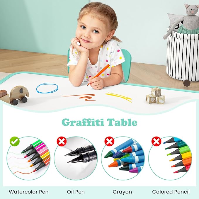 INFANS Kids Table and Chiar Set, Height Adjustable Toddler Desk and 4 Chairs with Graffiti Desktop Non-Slip Legs, Large 47" L x 23.5" W Multi-Activity Art Table for Daycare Classroom Home (Green)