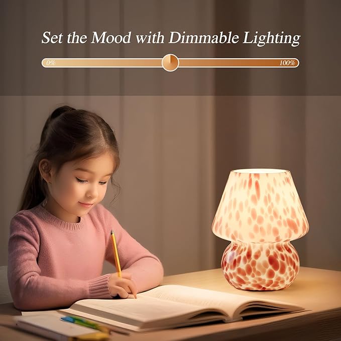 Cute Mushroom Lamp | Small Bedside Nightlight for Bedroom & Living Room | Adorable Blush Pink Translucent Glass Desk Light with E26 3000K Warm Bulb | Perfect Home Decor Gift for Girls & Women