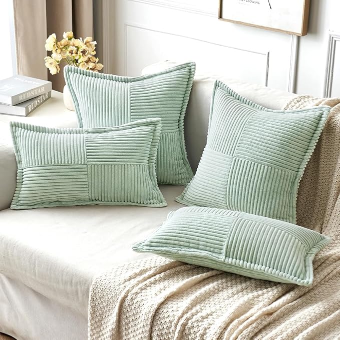 MIULEE Decorative Throw Pillow Covers for Couch Bed Livingroom 18x18 Inch Set of 2 Mint Green Boho Accent Throw Pllows Broadside Striped Patchwork Soft Corduroy Summer Pillowcases