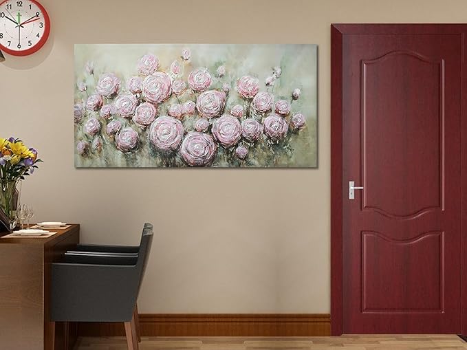 Arjun Pink Rose Wall Art Flower Canvas Painting 3D Textured Floral Silver Grey Artwork Living Room Modern Abstract Petals Tranquil Framed for Bedroom Home Office Wall Decor, Large Size 48"x24"