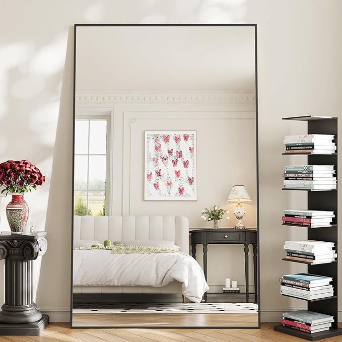 Koonmi 78"x40" Floor Mirror Full Length, Bedroom Floor Body Mirror with Stand, Large Black Mirror, Leaning, Standing or Hanging Horizontally/Vertically