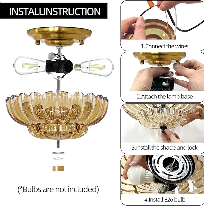 Gold Semi Flush Mount Ceiling LightAmber Glass Chandeliers Modern Light Fixture Kitchen Lights Ceiling Suitable for Hallway Living Room Kitchen Bedroom (Bulb Not Included)