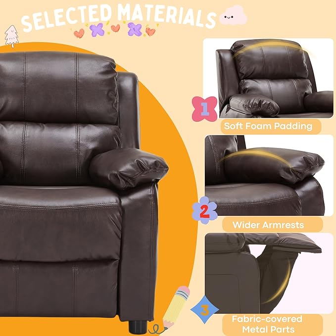 JC Home Macaron Kids Reclining Chair Leather Recliner Sofa Push Back Toddler Youth Children Child Ages 2-8