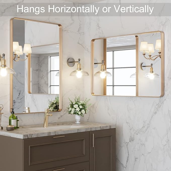 LOAAO 24”X36” Gold Bathroom Mirror, Rounded Rectangle Gold Frame Mirror, Brushed Gold Bathroom Vanity Mirror Wall-Mounted, Anti-Rust, Hangs Horizontally or Vertically