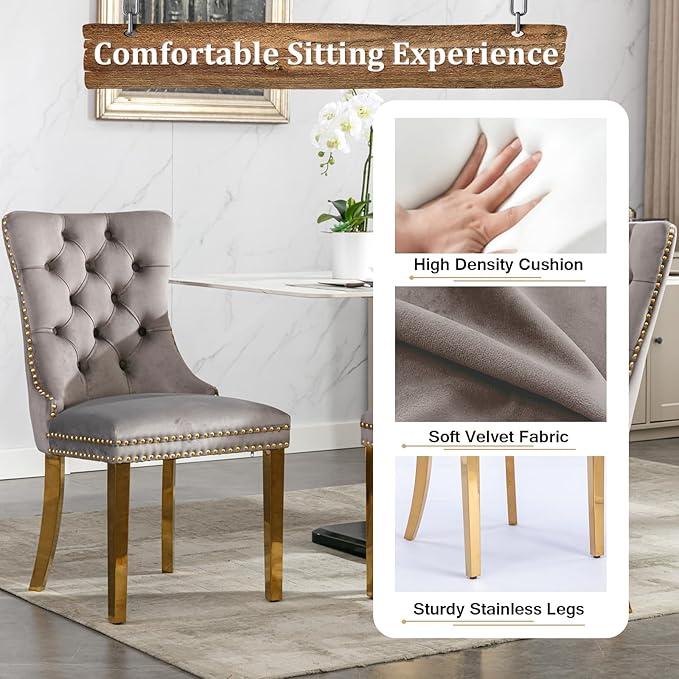 Goujxcy Glass Dining Table Set for 4, Modern Kitchen Table and Chairs Set of 4, 5-Piece Kitchen Dining Room Table Set w/36 Square Gold Glass Dining Table and 4 Grey Velvet Upholstered Chairs