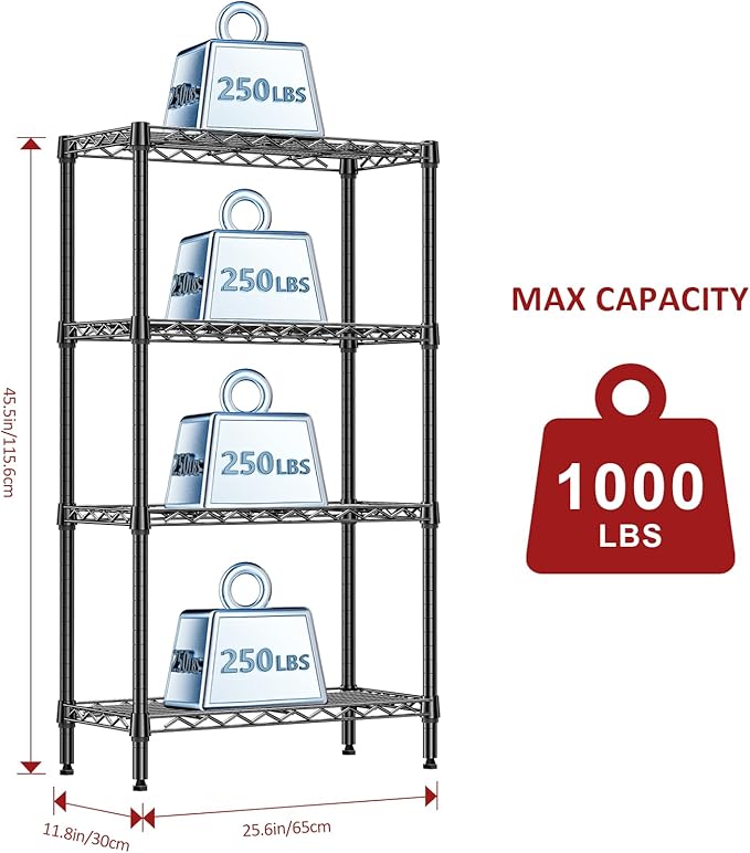 IZEUK 4 Tier Steel Storage Shelves, Heavy Duty Metal Shelf Wire Shelving Rack for Pantry, Kitchen, Living Room, or Office Organization (11.8" D x 25.6" W x 45.5" H, 1000LBS, Black)