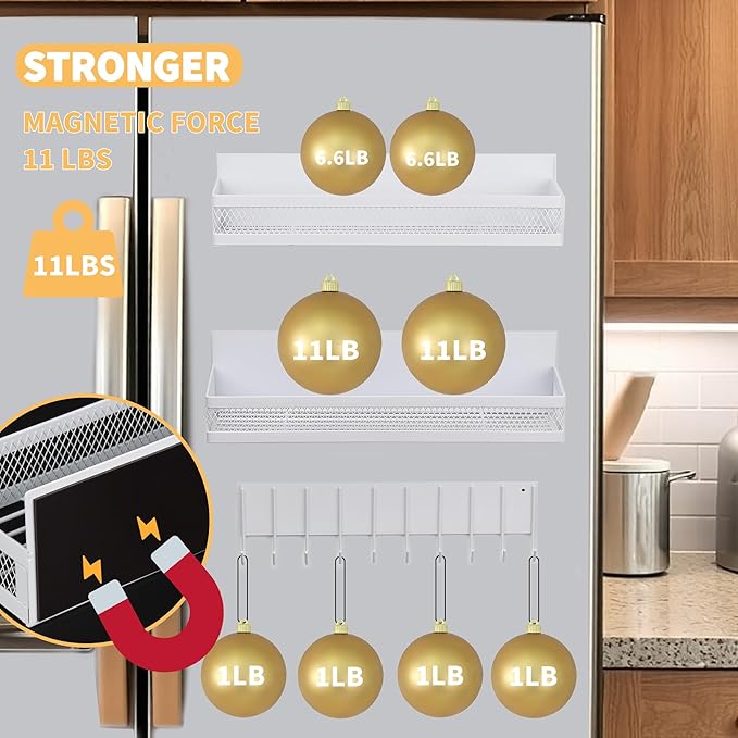 3-Pack Magnetic Spice Rack for Refrigerator, Moveable Shelf with 10 Hooks, Fridge Organizer for Kitchen Storage, White