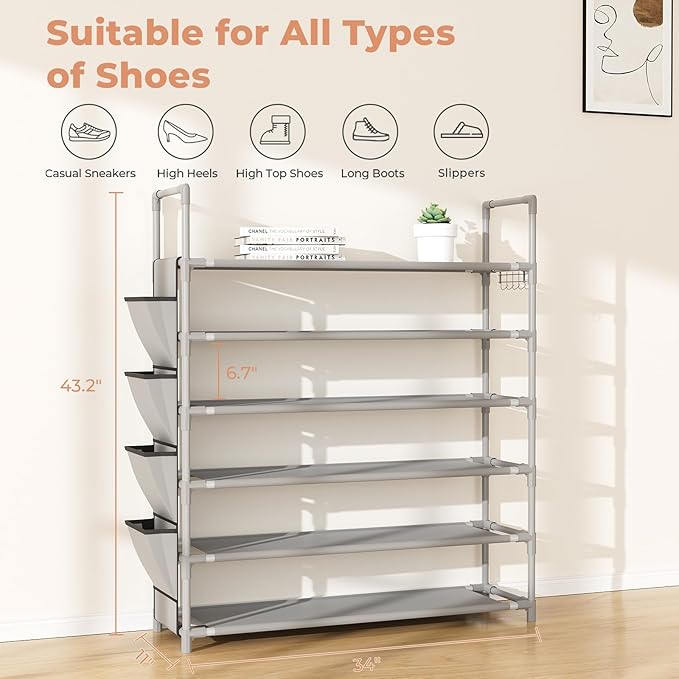6 Tier Shoe Rack Storage for 24-30 Pairs Shoe and Boot, Shoe Organizer with Hook and Side Pocket Free Standing Long Shoe Shelf Tall Shoe Rack Organizer for Closet, Entryway, Dorm, Grey