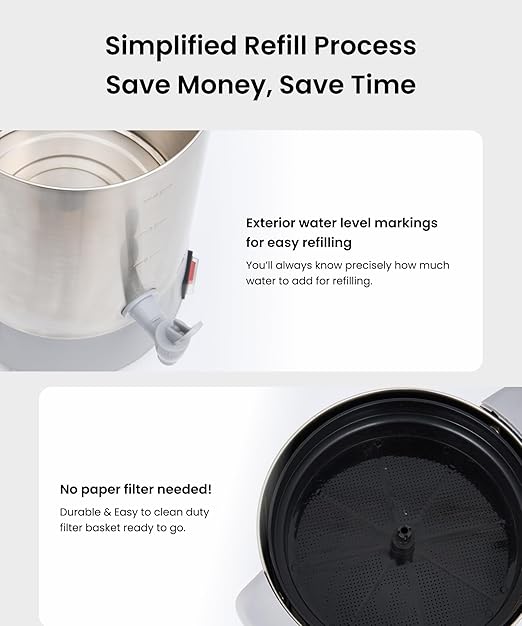 SYBO 45Cup Coffee Urn, Commercial Grade Stainless Steel Percolate Coffee Maker, Removable Filter, Easy to Clean, Hot Water Urn for Catering, Hot Beverage Dispenser with Cool-Touch Handles, 4.5L, Grey