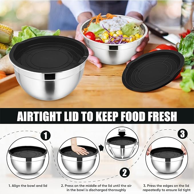 P&P CHEF Black Mixing Bowls with Lids, Set of 3, Stainless Steel Salad Nesting Bowl for Mixing, Storing, Prepping, Airtight & Stackable, Size 4.6/3 /1.5 QT