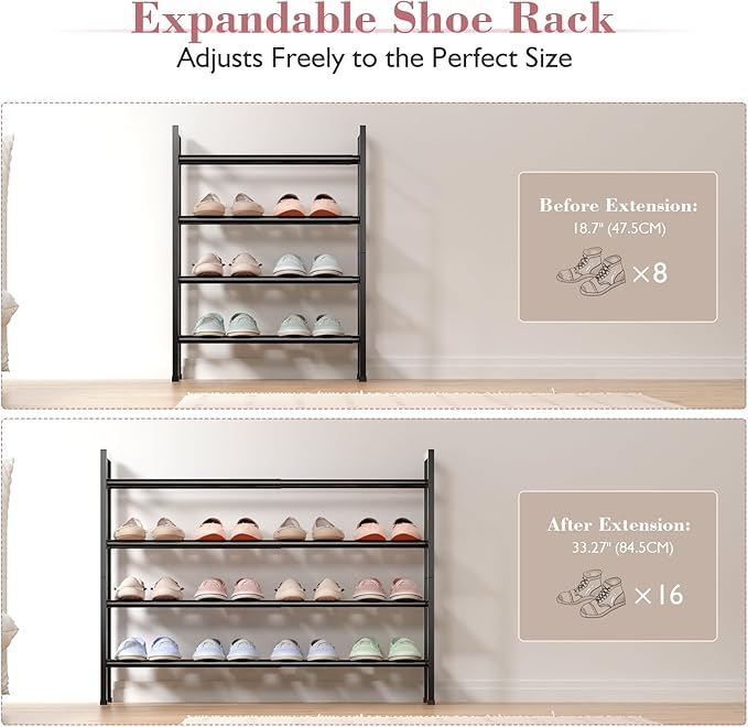 Bumusty 4-Tier Expandable Shoe Rack for Closet, 18“-33” Adjustable Shoe Rack for Small Space, Small Shoe Organizer for Front Door, Sturdy Metal, Black