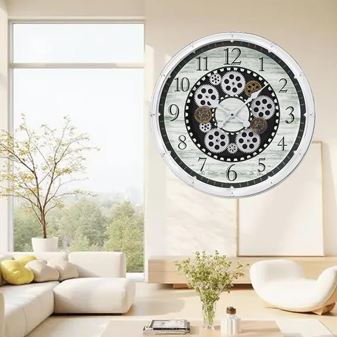 20 Inch Steampunk Wall Clock with Decorative Gears, Industrial Vintage Analog Clock for Living Room, Farmhouse, Office Decor, Silent Non-Ticking Battery Operated,Blue