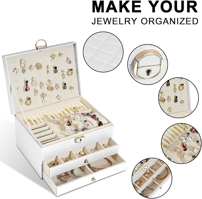Jewelry Box, 3-Layer Jewelry Boxes for Women, Stud Earings Holder Jewelry Organizers and Storage with Removable Jewelry Tray, PU Leather Vintage Quilted Top Lockable Jewelry Holder Gift Idea