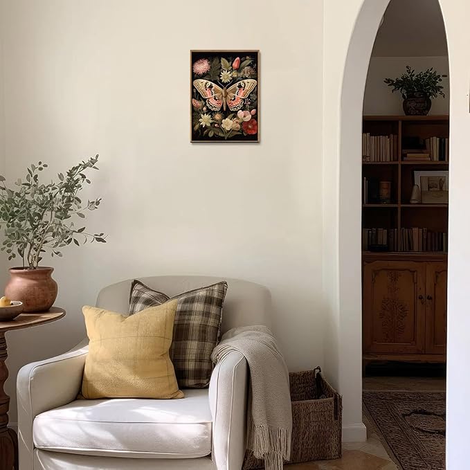 Djmwtb Vintage Framed Wall Art Butterfly Canvas Wall Art Prints Floral Botanical Pictures Flower Painting Wall Decor Artwork for Living Room Bedroom Bathroom Office 16x24in