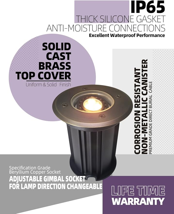 MALORY Brass Top Cover Landscape Well Lights, 12V Low Voltage Outdoor In Ground Lights,Landscape Lighting for Pathway, Driveway and Garden (Open Top, 1-Pack Without Bulb)