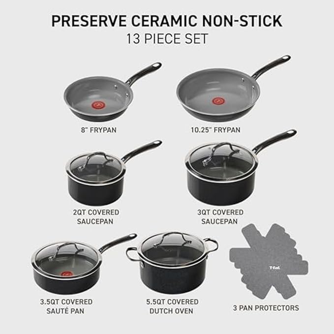 T-fal Preserve Ceramic, Non stick Cookware Set 13-Piece, Oven & Broiler Safe up to 350°F, Includes Stockpot, Saucepans, Frying Pans, Protectors, Pots and Pans, Black