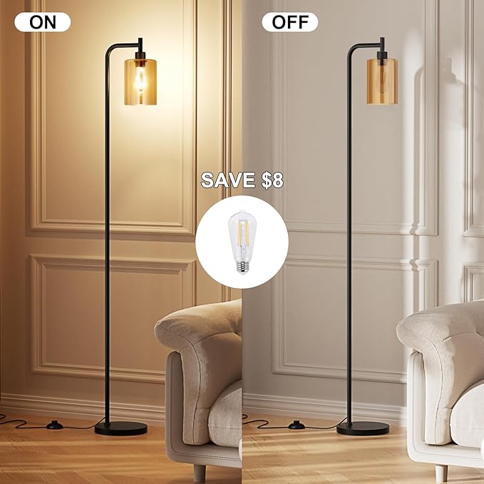 Floor Lamps for Living Room - Standing Lamp with Amber Glass Shade, Modern Floor Lamp with LED Bulbs, Industrial Floor Lamp for Bedroom, Black Tall Lamp for Office(Light Bulb Included)