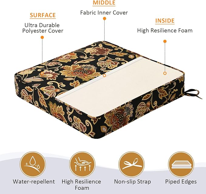 Square Corner Seat Cushions, 19" x 19" x 3", Set of 4, Indoor Outdoor Water Repellent Universal Chair Pads with Ties for Patio Furniture, Garden Deck Dining Chairs, Red Yellow Vine Flower