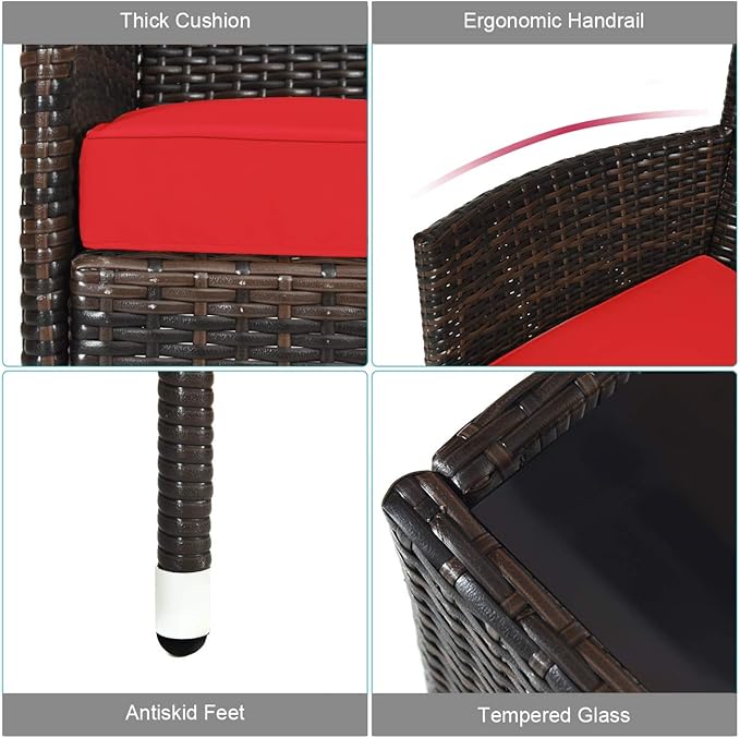 Tangkula 8 PCS Patio Rattan Conversation Set, Outdoor Wicker Furniture Set with Tempered Glass Coffee Table &Thick Cushion, Rattan Chair Wicker Set for Garden, Lawn, Poolside and Backyard (2, Red)