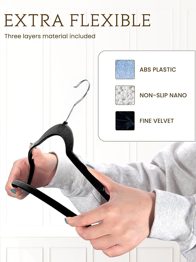Smartor Velvet Hangers 40 Pack, Non Slip Clothes Felt Hanger Heavy Duty for Coat, Premium Slim Space Saving Suit Hangers for Closet Organizer, 360° Rotating Silver Hook Black