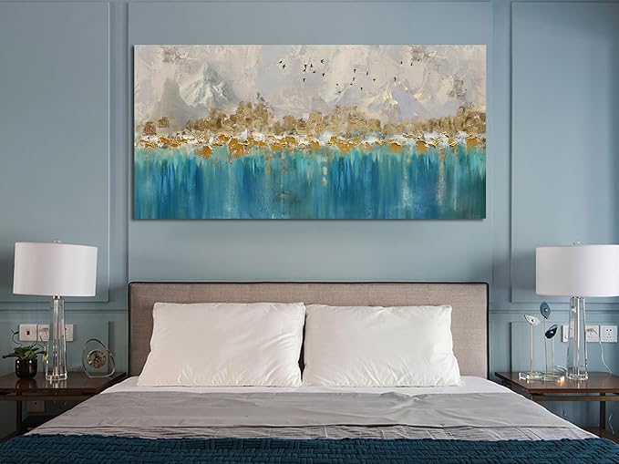 Arjun Teal Gold Abstract Wall Art Blue Turquoise Hand Painted Textured Painting Canvas Modern Grey Artwork Wooden Framed Large Size for Living Room Bedroom Bathroom Home Office Wall Decor, 40"x20"