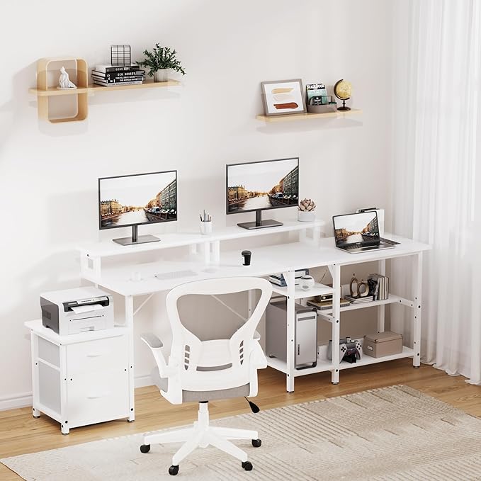 67'' L Shaped Computer Desk with Power Outlet, Large Reversible Computer Gaming Desk, Home Office Desks with File Drawers & Shelves, All White