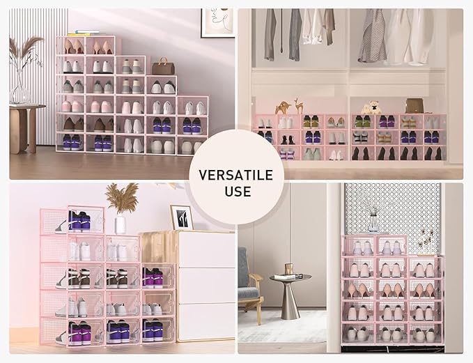 Kuject X-Large Shoe Storage Boxes Organizers Clear Plastic Stackable 12 Pack, Shoe Rack & Holder Substitute, Sneaker Containers, Toy Storage Organizer Bins for Entryway, Closet, Under Bed, Pink