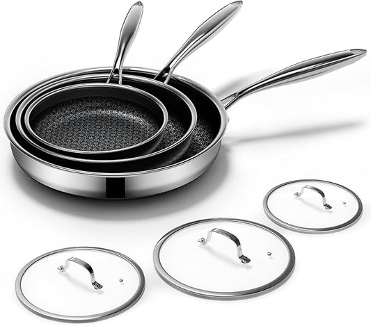 Non Stick Frying Pans Set with 3 Lid, Hybrid Pans Set Nonstick (8+10+12inch),Pan for cooking, nonStick Cookware, Dishwasher and Oven-Safe Cookware Sets, Stainless Steel Skillets