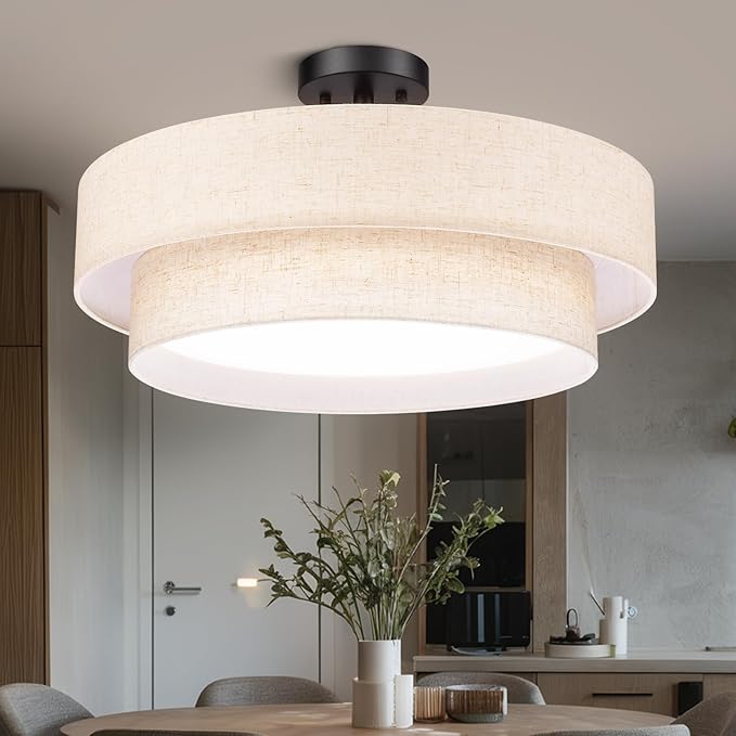 Hamilyeah 20 Inch Semi Flush Mount Round Ceiling Light Fixture, 48W LED With Fabric Shade, Dimmable Drum Double Layer 5CCT for Living Room, Office