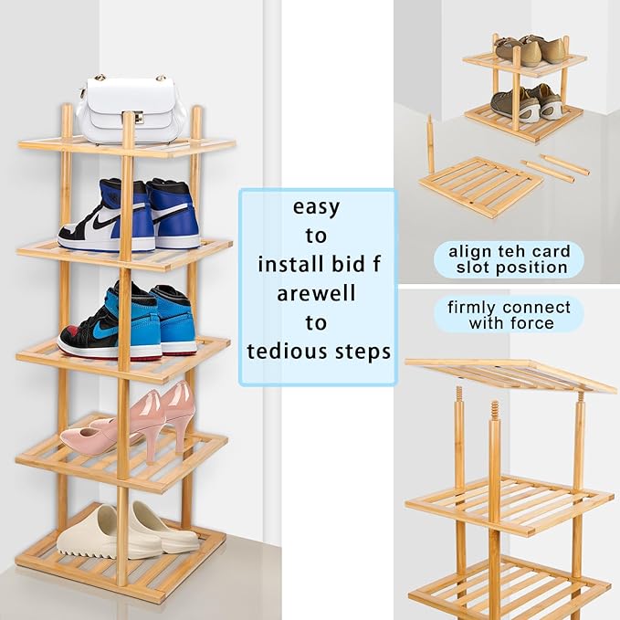 7-Tier Shoe Rack for Closet, Shoes Organizer Free Standing Shelf Entryway and Closet Hallway, Small Space Stackable Bamboo Multifunctional Racks Shoe Storage
