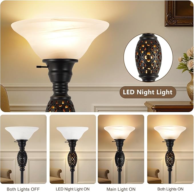 Vintage Floor Lamp with Nightlight, 70" Rustic Standing Lamp with Glass Shade, Victorian Style Tall Lamp Decor for Living Room Bedroom Study Home Office Corner (Bulb Included)