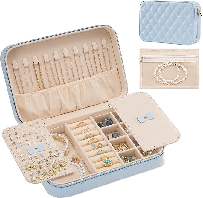 Lolalet Travel Jewelry Case for Women, Travel Jewelry Organizer Box with Mirror & Clear Storage Bag, Small Portable Traveling Earring Necklace Bracelet Ring Case, Bridesmaid Gifts -Medium, Blue