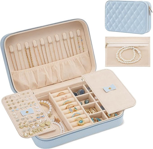 Lolalet Travel Jewelry Case for Women, Travel Jewelry Organizer Box with Mirror & Clear Storage Bag, Small Portable Traveling Earring Necklace Bracelet Ring Case, Bridesmaid Gifts -Medium, Blue
