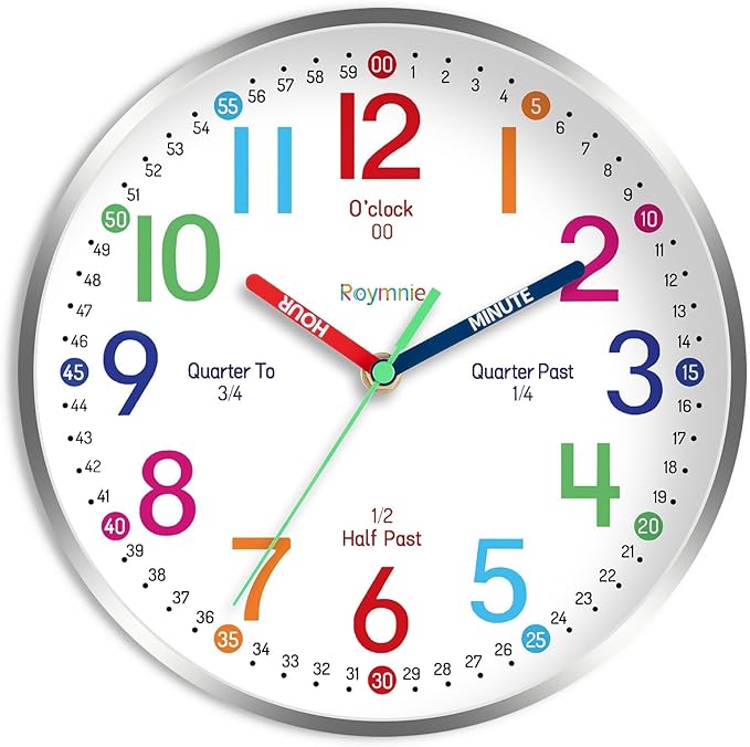 Wall Clock for Kids Learning to Tell Time Easily Non Ticking Battery Operated Kids Teaching Clock Silent Colorful Teaching Time Clock Decorative for Kids Room Classroom School (8 Inch)