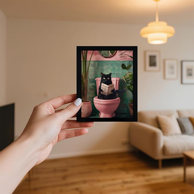 Framed Vintage Cat Canvas Wall Art, Funny Pink Animal Reading Books Painting Picture Print, Cute Kitten Lovers Aesthetic Wall Decor for Nursery Girls Room Bedroom Kids Room 10''L x 8''W