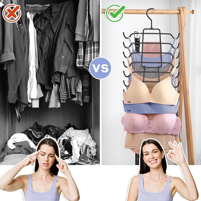 4Pcs Tank Top Hangers Space Saving Hanger Organizer Bra Hangers for Closet Organizer 360° Rotating Metal Closet Organizers and Storage Lingerie Hangers for Cami Bras Belts Swimsuits Lingeries Black