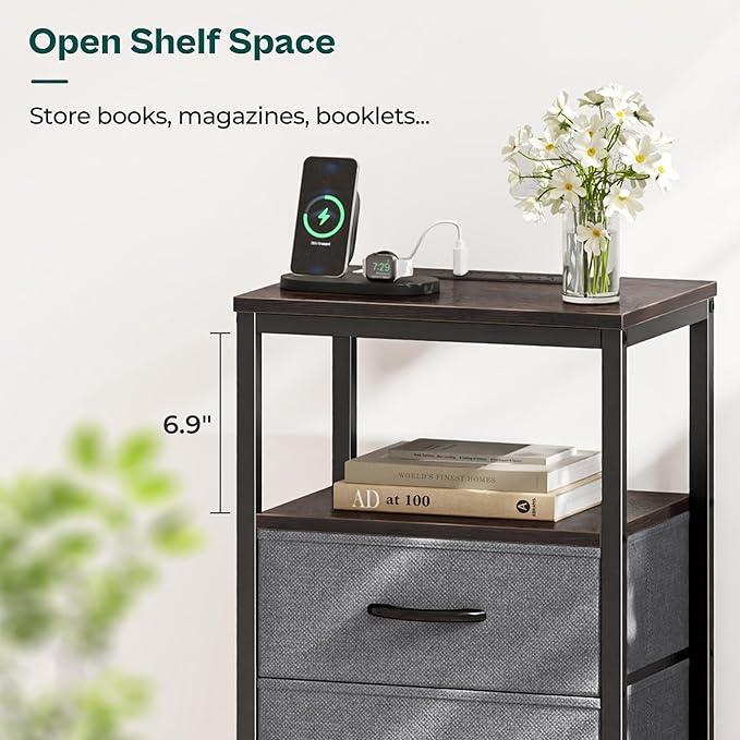 Huuger Nightstands Set of 2, End Tables with Charging Station, Fabric Drawers, Bedside Tables with USB Ports and Outlets, Night Stands for Bedroom, Walnut, 8695NC