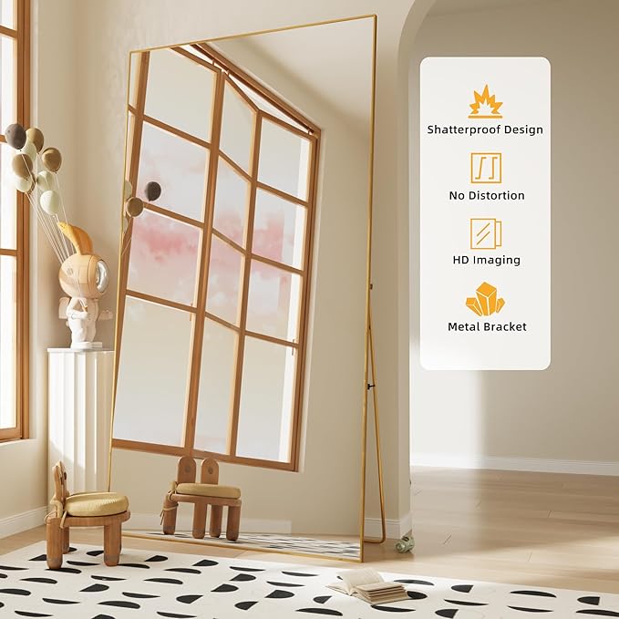 FANYUSHOW Full Length Mirror with Stand, 76"x34" Aluminum Alloy Frame Floor Mirror, Shatter-Proof Glass Free Standing, Leaning Against Wall or Wall-Mounted, for Bedroom Living Room Dressing Room Gold