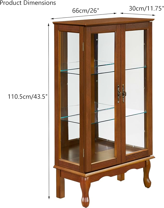 Goujxcy Lighted Curio Cabinet, Modern Floor Standing Glass Curio Cabinet Display Case Cabinet with Adjustable Shelves, Mirrored Back Panel and Tempered Glass Doors for Home/Office (Oak)