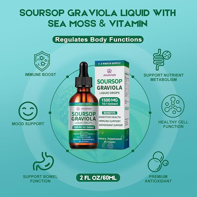 2 Pack Soursop Graviola Leaf Extract Liquid Drops Supplement with Irish Sea Moss & Turmeric for Cellular Support, Immune System Boost, Liver Health, Soursop Bitters Liquid 60-Day Supply 4 FL OZ